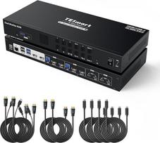 TESmart USB 3.0 HDMI+USB-C MST KVM jungiklis 4 kompiuteriams 2 monitoriams, 4K@60Hz KVM prijungimo stotelė su tinklo, EDID emuliatoriais, ausinėmis, sparčiųjų klavišų jungikliu, įvesties kabeliu