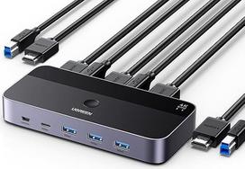 UGREEN HDMI 2.0 KVM jungiklis 4K @ 60Hz USB 3.0 jungiklis 4 USB prievadai (3 x USB 3.0 + USB C) 1 monitoriaus ir klaviatūros, pelės, spausdintuvo, U disko bendrinimas 2 kompiuteriams su 2 USB kabeliais ir 2 HDMI kabeliais
