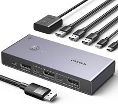 UGREEN 8K @ 60Hz Displayport KVM jungiklis, DP 1.4 KVM jungiklis, KVM jungiklis 2 kompiuteriams, 1 monitoriui, 4K @ 240Hz, 4 prievadų USB jungiklis, KVM jungiklis USB C, 4 prievadų USB jungiklis klaviatūrai, pelei, kietajam diskui, spausdintuvui ir