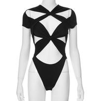 European and American summer hot girl sexy cross folding solid color crop top jumpsuit S juoda
