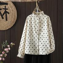 Spring Literary Loose Polka Dot Ruffle Collar Long Sleeved Shirt Women's Shirt Top Blouses & Shirts 2XL white