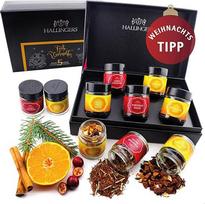 "Hallingers Merry Christmas Orange" - kalėdinis 5 rūšių arbatos dovanų rinkinys su dėžute Vegan, dovana Kalėdoms užsukamuose indeliuose (rinkinys) - Dovanų idėjos Kalėdos ir dovanos Kalėdos | Genai