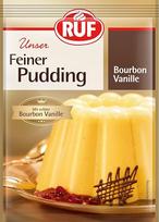 "RUF Fine Puding Bourbon Vanilla" su elegantišku vanilės aromatu, tikra Burbono vanilė, be glitimo, virti tik su pienu ir cukrumi, 3 x 38 g