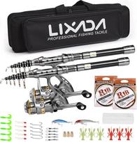 Lixada Žvejybos meškerė Combo rinkinys 1.5/1.8/2.1/2.4m 2PCS meškerė ritė Teleskopinė meškerė Anglies pluošto spiningo ritės Žvejybos rinkinys su kabliukais Minkštas masalas statinė Swivel saugojimo krepšys