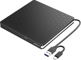 "Amicool" išorinis CD-DVD įrašymo įrenginys ir skaitytuvas su USB 3.0, C tipo nešiojamasis, "Plug&Play", mažai triukšmo, plonas "Superdrive" nešiojamiesiems kompiuteriams, staliniams kompiuteriams, "Macbook", IOS, "Windows 10/8/7/XP" ir "Linux", juodas