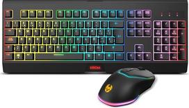 "KROM Kabala" belaidės membraninės klaviatūros komplektas su RGB vaivorykštiniu apšvietimu, 6 mygtukų apsauga nuo vaiduoklių, belaidė optinė pelė, 6 lygių DPI 800-4800 "On-the-Fly", suderinama su kompiuteriu, ispaniškas išdėstymas, juoda
