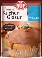 "RUF Cake Icing Milk Chocolate", 100 g maišelyje, galima šildyti mikrobangų krosnelėje, skirtas glazūruoti ir puošti sausainius, keksiukus ir tortus, be glitimo