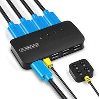 DGODRT KVM jungiklis HDMI 4 prievadai, 4K HDMI USB jungiklis, skirtas 4 kompiuteriams, 1 monitoriui ir bendram klaviatūros pelės spausdintuvui, spausdintuvui skaitytuvui su staliniu valdikliu ir KVM kabeliais