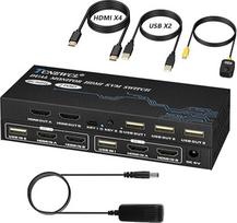 HDMI KVM jungiklis 2 kompiuteriams 2 monitoriams 4K @ 60Hz, dviejų monitorių KVM jungiklis 2 prievadai su maitinimo šaltiniu, palaiko HDMI 2.0, HDCP 2.2, 2 įėjimai 2 išėjimai KVM jungiklis su 4 HDMI kabeliais ir 2 USB kabeliais