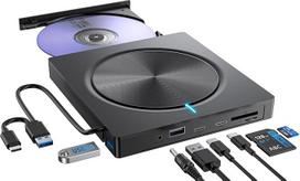 Išorinis CD DVD diskas USB 3.0 C tipo, DVD išorinis diskas su SD/TF kortelių skaitytuvu 2 x USB-C 2 x USB-A prievadas, nešiojamasis RW DVD įrašymo įrenginys, skirtas nešiojamiesiems kompiuteriams, staliniams kompiuteriams, MacBook, iMac, Win