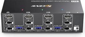 KVM jungiklis 3 kompiuteriams 3 monitoriams 4K @ 144Hz 8K @ 60Hz, HDMI + 2 "Displayport" KVM jungiklis trims monitoriams 3 kompiuteriams 3 monitoriams ir 4 USB 3.0 įrenginiams, pridedamas nuotolinio valdymo kabelis ir 12 V maitinimo šaltinis