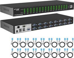 MT-VIKI 4K60HZ IP KVM jungiklis nuotolinis VGA 16 prievadų 1U stovo KVM VGA jungiklis per IP 16 prievadų nuotolinis USB VGA KVM jungiklis IR nuotolinio valdymo darbalaukio selektorius su 16 kabelių pakuote OSD