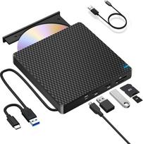 NOLYTH Išorinis DVD diskas, CD diskas, išorinis USB C, išorinis CD/DVD įrašymo įrenginys su 2 USB prievadais, SD TF lizdas, nešiojamasis išorinis CD diskas nešiojamajam kompiuteriui MacBook Mac Windows 11 Linux