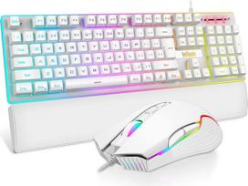 RedThunder K10 laidinė žaidimų klaviatūra ir pelė JK išdėstymo tikra RGB apšviesta ergonominė "Anti-Ghosting" klaviatūra + 7D 7200DPI pelė, skirta PC Mac (balta)
