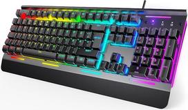 TECKNET RGB žaidimų klaviatūra kompiuteriui, membraninė klaviatūra su 105 klavišais, pilnai metalinis skydelis, laidinė klaviatūra su riešo atrama, 15 zonų RGB apšvietimas, kompiuterio klaviatūra su 25 "Anti-Ghosting" klavišais