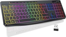 TECURS belaidė žaidimų klaviatūra - tyli klaviatūra QWERTZ su apšviesta ergonomiška vandeniui atsparia 2,4 GHz LED klaviatūra "Windows" / "Mac" / PS4 / "Xbox" su daugialypės terpės klavišais, juoda