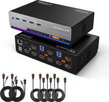 TESmart 8K60Hz DisplayPort MST KVM jungiklis 2 kompiuteriams 3 monitoriams, USB 3.0 EDID KVM jungikliai nešiojamiesiems ir staliniams kompiuteriams, palaiko gigabitinį tinklą, karštųjų klavišų jungiklis, yra visi kabeliai