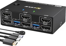 USB 3.0 Dviejų monitorių 2x2 KVM jungiklis HDMI DP, YOUTINGHDAV KVM jungiklis 2 kompiuteriams 2 monitoriams, KVM jungiklis Displayport 4K@144Hz + HDMI 4K@60Hz su 4 USB 3.0 prievadais, skirtas 2 kompiuteriams dalytis pele, klaviatūra ir 2 monitoriais