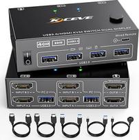 USB 3.0 KVM jungiklis 2 kompiuteriams 2 monitoriams, KCEVE HDMI KVM jungiklis dviem monitoriams su EDID funkcija, palaiko 4K @ 60Hz Dalytis monitoriaus pelės klaviatūra nešiojamajam kompiuteriui, PC, PS5, Xbox