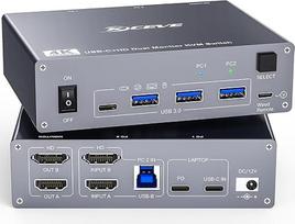 YOUTINGHDAV KVM jungiklis 2 kompiuteriams 2 monitoriams USB C, KVM jungiklis su dviem monitoriais nešiojamiesiems kompiuteriams ir kompiuteriams, USB 3.0 MST Dual 4K @ 60Hz, C tipo 60W įkrovimas nešiojamajam kompiuteriui, HDMI KVM jungiklis USB C su laidi