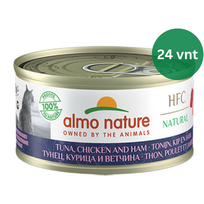 Almo Nature HFC Tuna, Chicken & Ham tunas, vištiena ir kumpis kons. katėms 24x70g