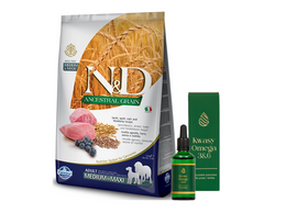 Farmina N&D LAMBULIŠKAS MĖLYNAUOGIS MEDIUM MAXI 12kg + LAB-V Omega 3 ir 6 riebalų rūgštys bendrai šunų ir kačių sveikatos, kailio ir odos būklei gerinti 50ml
