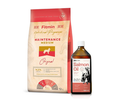 FITMIN Medium Maintenance 12kg + Lab-V 100% lašišų aliejus įvairaus amžiaus šunims ir katėms 500ml šalto spaudimo
