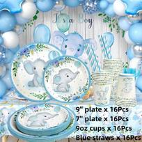 64 PCS Birthday Party Favors Baby Shower Decorations Baby Shower Paper Elephant Plates Cups Straws Sets Serves 16 for Boys Girls Elephant mėlyna