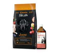 FITMIN For Life Junior Large Breeds 12kg + Lab-V 100% lašišų aliejus įvairaus amžiaus šunims ir katėms 500ml šalto spaudimo