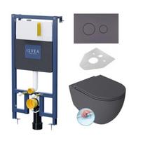 ISVEA DUREZZA potinkinis rėmas su antracito spalvos Dome klavišu ir klozetu INFINITY Rimless su lėtaeigiu dangčiu antracito spalvos