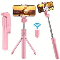 Universalus „selfie Stick“ telefono laikiklis su belaidžiu nuotolinio valdymo pultu, leidžiantis pasukti 360° kelionėms, suderinamas su „iPhone“ / „Samsung“ / „Android“ rožinė