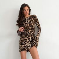 Women Spring Pagoda Long Sleeve Leopard Print O-neck Dress Summer Casual Slim Above Knee Backless High Waist Slit Short Dresses L black