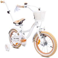 FLOWER BIKE Dviratis mergaitei 14 colių, stūmimo strypas, šoniniai ratai, krepšys smėlio spalvos, FLOWER BIKE Dviratis mergaitei 14 colių, stūmimo strypas, šoniniai ratai, krepšys smėlio spalvos