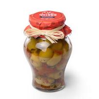 Žaliosios alyvuogės su džiovintais pomidorais ir kaparėliais alyvuogių aliejuje OLE OLIVES, 580g
