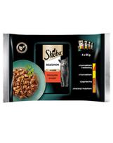 SHEBA paketėlis 4x85g "Selection in Sauce Juicy Flavours" - drėgnas kačių ėdalas padaže (su jautiena, su ėriena, su vištiena, su kalakutiena)