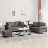 Sofa Sofos komplektas su pagalvėmis, 3 dalių, pilkas, dirbtinė oda
