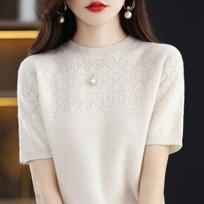 Knitted Shirt Hollowed Out T-shirt Spring New Round Neck Short Sleeved Loose Top S gray