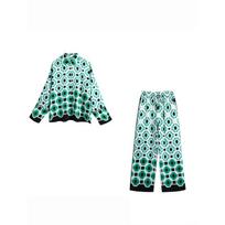 Geometric Print Retro moteriškas pižamų rinkinys Rudens negabaritinis ilgi marškinėliai aukštu juosmeniu plačios kelnės Moteriškas kostiumas S