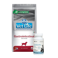 FARMINA Vet Life Dog Gastrointestinal 12kg + LAB-V Synbiotic Vet - virškinamojo trakto sveikata ir žarnyno mikroflora šunims ir katėms 45 kapsulės