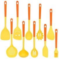 10 dalių silikoninių virtuvės įrankių rinkinys su nelimpančiais puodais, silikonine mentelė, samtis, kiaurapuodis, maisto gaminimo įrankiai virtuvei Yellow 10-piece color box