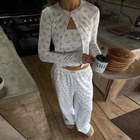 Printed Pajama 3 Piece Sets Women Slim Sling Vest Full Sleeve Cardigan Elastic Long Wide Leg Pant Suits Nightwear Homewear M balta