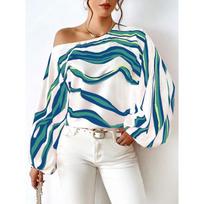 YYFS Women's Fashion Casual Spring Fall Colour Block Print Long Sleeve Oblique Collar Blouses & Shirts XL mėlyna
