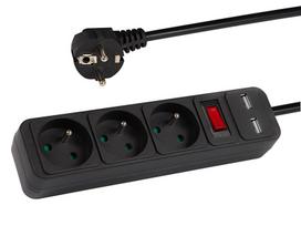 PR-370WSP/USB tinklo ilgintuvas 3 lizdai+USB su įžeminimu+jungiklis 1.5m BLACK 3x1.5mm