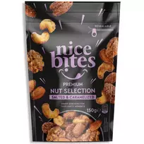 Sūrios karamelės skonio skrudintų ir neskrudintų riešutų mišinys NICE BITES, 150 g