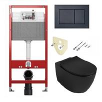 Tece Base potinkinis rėmas juodos matinės spalvos klavišu ir Juodas matinis pakabinamas wc Sentimenti Rimless 36x51cm, su slim lėtaeigiu dangčiu