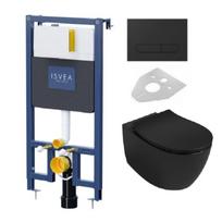 ISVEA DUREZZA potinkinis wc rėmas su juodu matiniu  SOTTI mygtuku ir Juodas matinis pakabinamas wc Sentimenti Rimless 36x51cm, su slim lėtaeigiu dangčiu