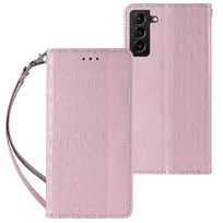Magnet Strap dėklas telefonui Samsung Galaxy S22 + (S22 Plus) Pouch Wallet + Mini Lanyard Pendant rožinės spalvos