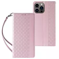 Magnet Strap dėklas telefonui Apple iPhone 14 Plus Flip Wallet Mini Lanyard Stand rožinės spalvos