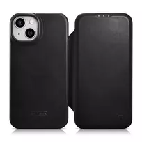 iCarer CE Oil Wax Premium Leather Leather Apple iPhone 14 Plus Magnetic atverčiamas MagSafe dėklas telefonui juodos spalvos (AKI14220707-BK)