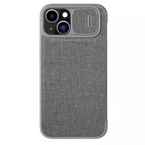 Nillkin Qin Cloth Pro iPhone 14 Plus atverčiamas dėklas su apsauga kamerai, pilkos spalvos